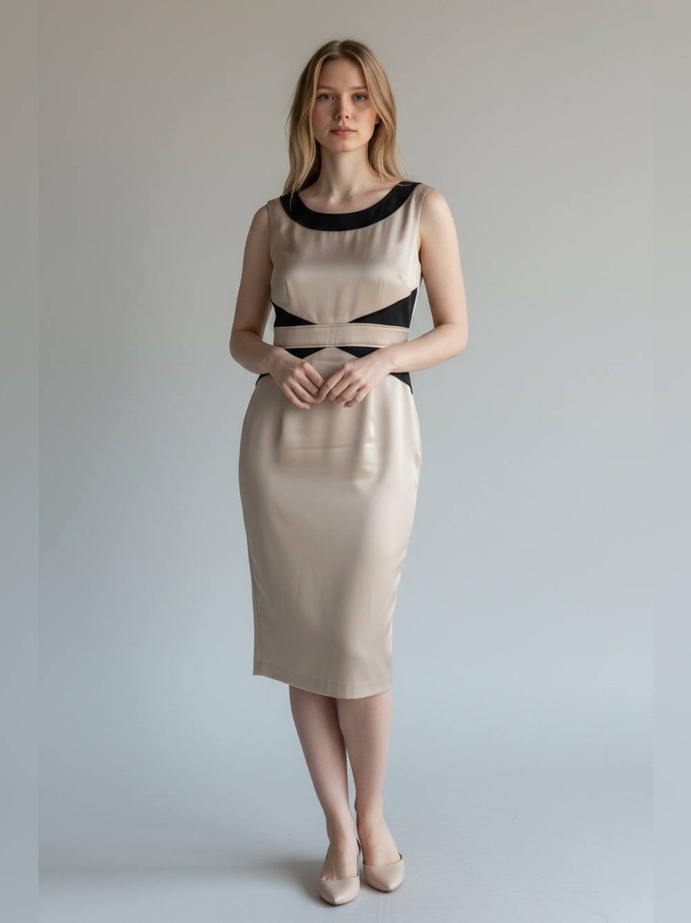 London Times Womens Size 6 Beige Black Sleeveless Sheath Dress Career Scoopneck